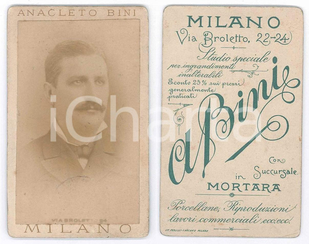 Fotografia d epoca originale 1890 ca MORTARA PV Ritratto di gentiluomo  Busto  Foto A. BINI CDV 1