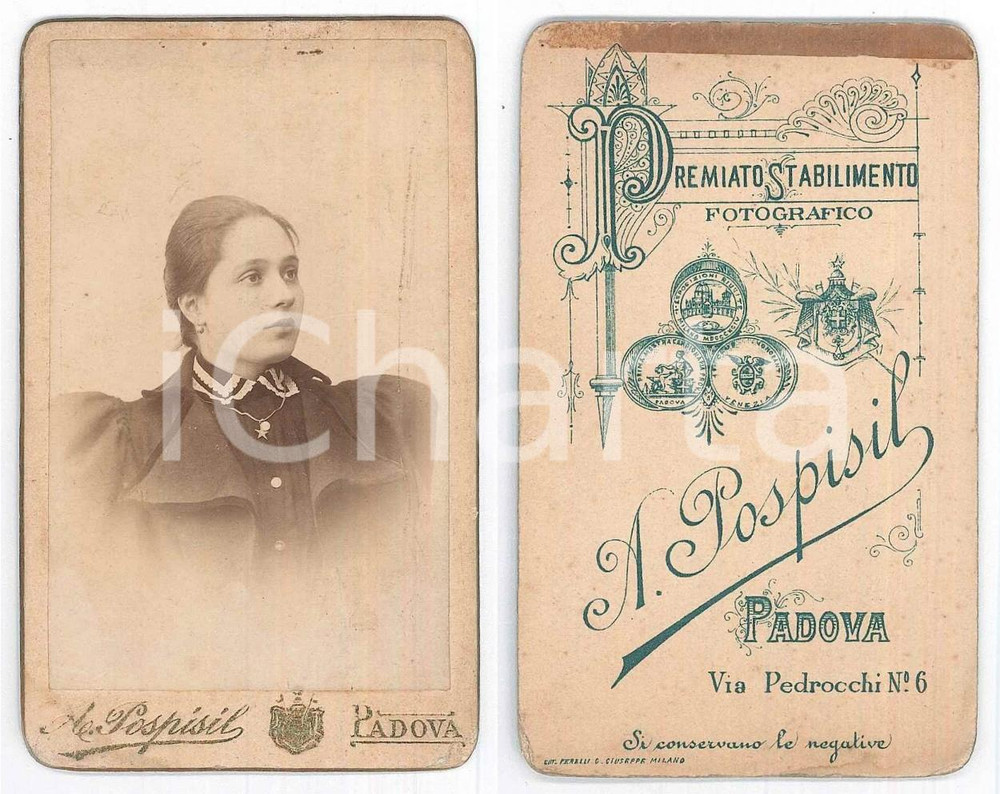 Fotografia d epoca originale 1900 ca PADOVA Giovane donna con ciondolo a stella Foto Arturo POSPISIL CDV 1