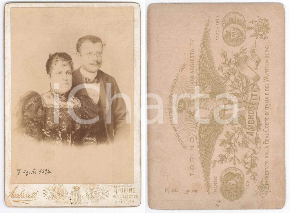 Fotografia d epoca originale 1894 TORINO NOBILTA   Coppia di sposi  Ritratto Foto AMBROSETTI 11x16 cm 1
