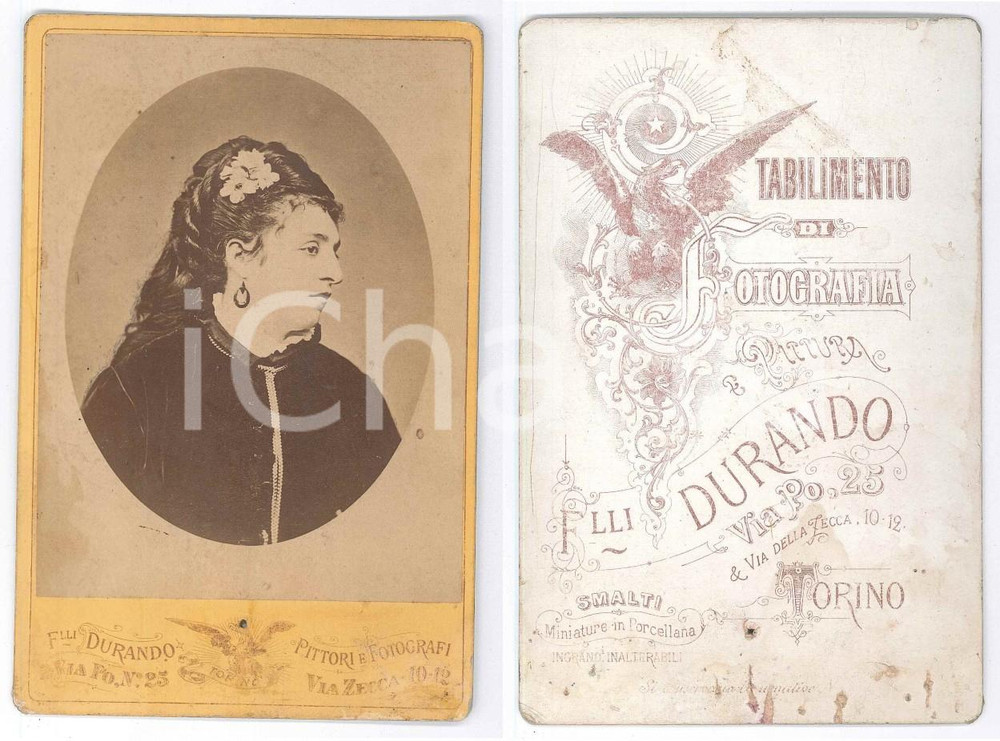 Fotografia d epoca originale 1880 ca TORINO Nobildonna con fiori tra i capelli Foto DURANDO 11x16 cm 1