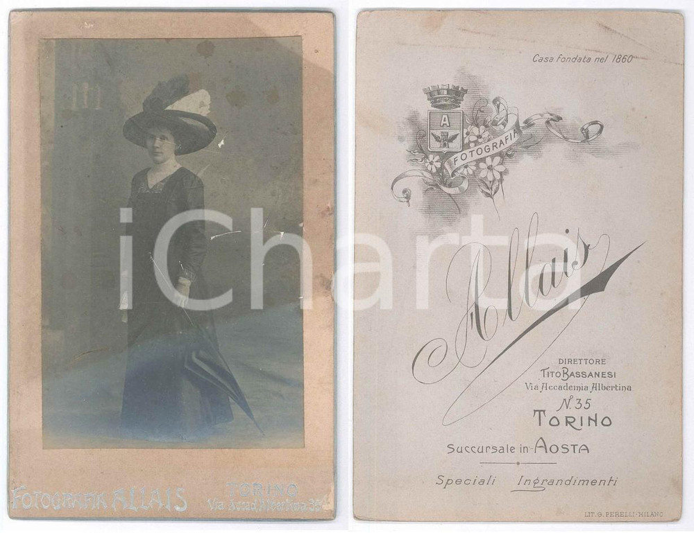 Fotografia d epoca originale 1910 ca PINEROLO Nobildonna in abito da passeggio  Foto ALLAIS 11x16 cm 1
