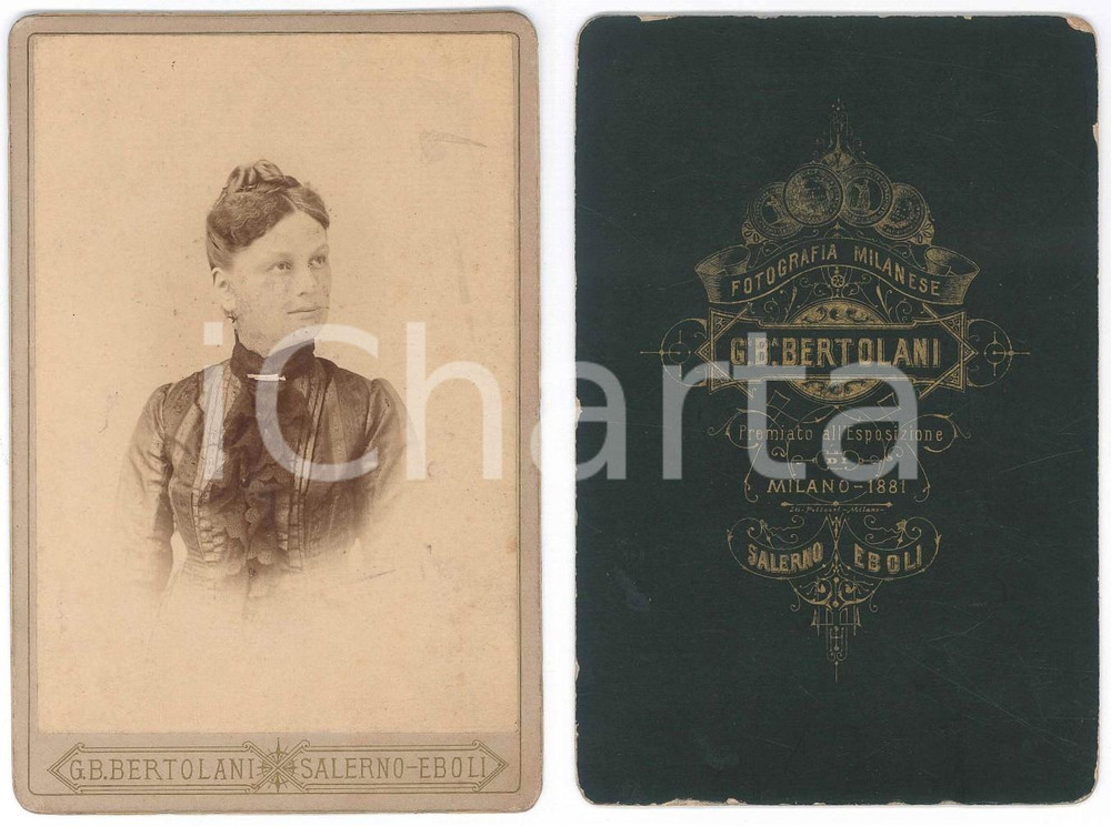 Fotografia d epoca originale 1885 ca SALERNO Donna con abito ricamato Foto BERTOLANI 11x16 cm 1
