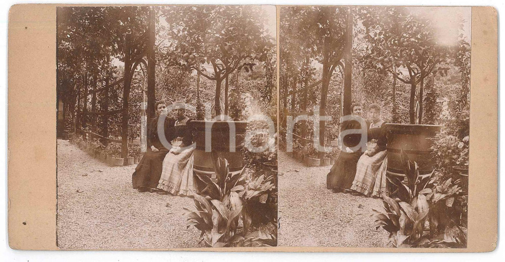 Fotografia d epoca originale 1890 ca FRANCE Deux femmes dans le jardin d une villa Photo stÃ©rÃ©oscopique 1
