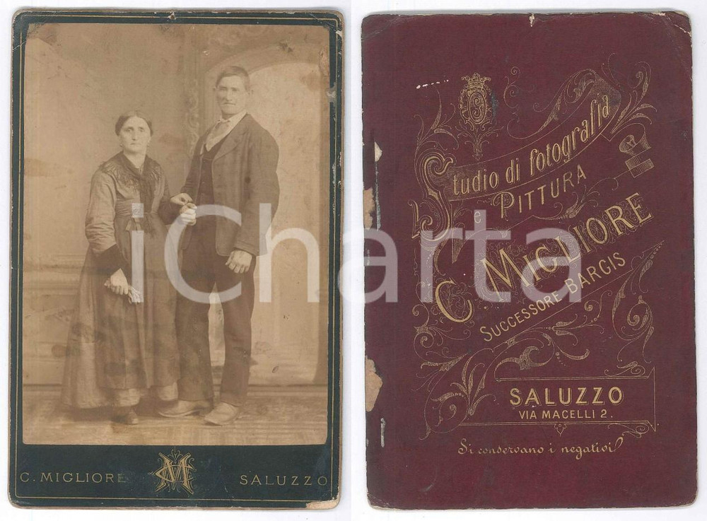 Fotografia d epoca originale 1880 ca SALUZZO Ritratto di due coniugi Fotografia C. MIGLIORE 11x16 cm 1