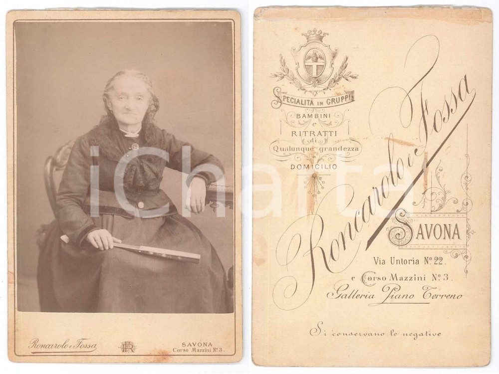 Fotografia d epoca originale 1890 ca SAVONA Anziana donna con ventaglio  Ritratto Foto RONCAROLO e FOSSA 1