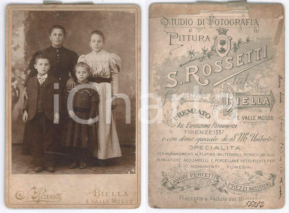 Fotografia d epoca originale 1890 ca BIELLA Famiglia RESSIA  Vedova con i tre figli Foto S. ROSSETTI 1