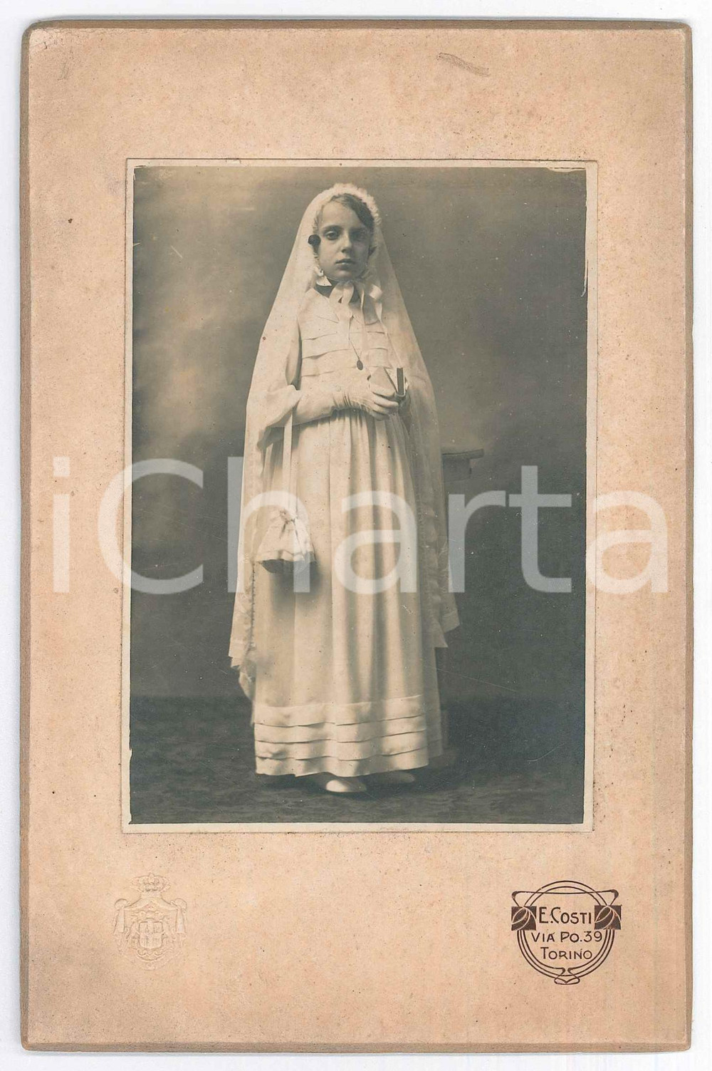 Fotografia d epoca originale 1910 ca TORINO Bambina alla Prima Comunione  Foto E. COSTI 11x18 cm 1