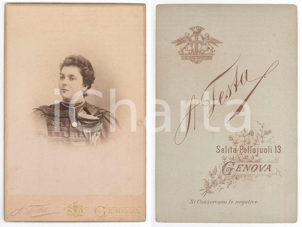 Fotografia d epoca originale 1890 ca GENOVA Giovane donna in abito a pieghe  Busto Foto Achille TESTA 1