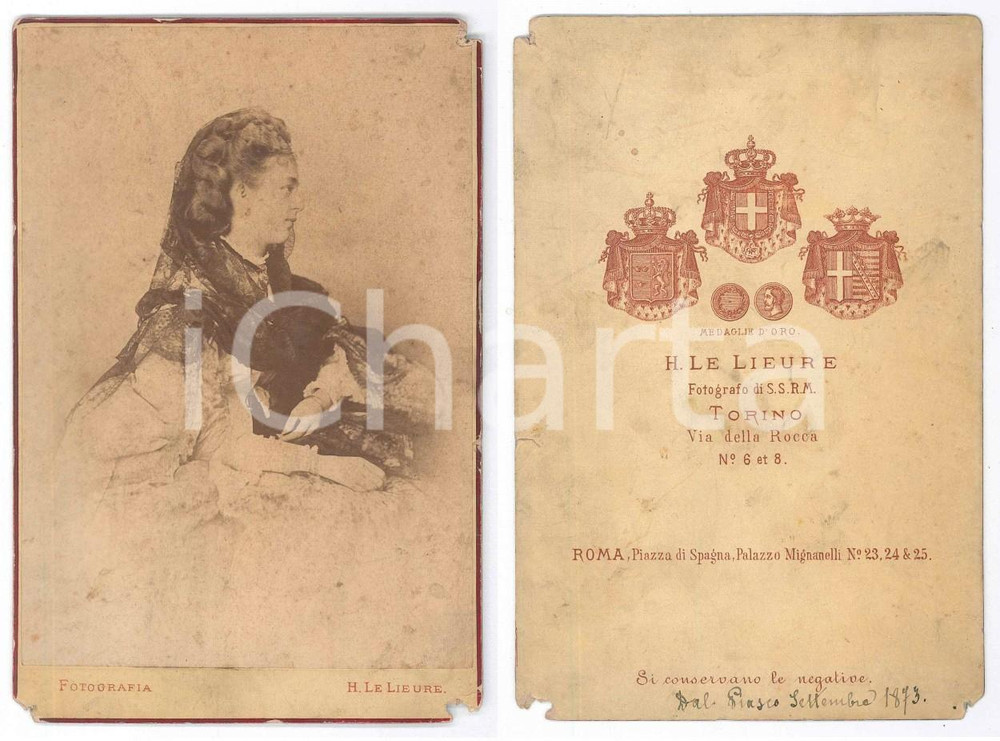 Fotografia d epoca originale 1873 TORINO Ritratto di nobildonna con velo nero  Foto LE LIEURE 11x16 1