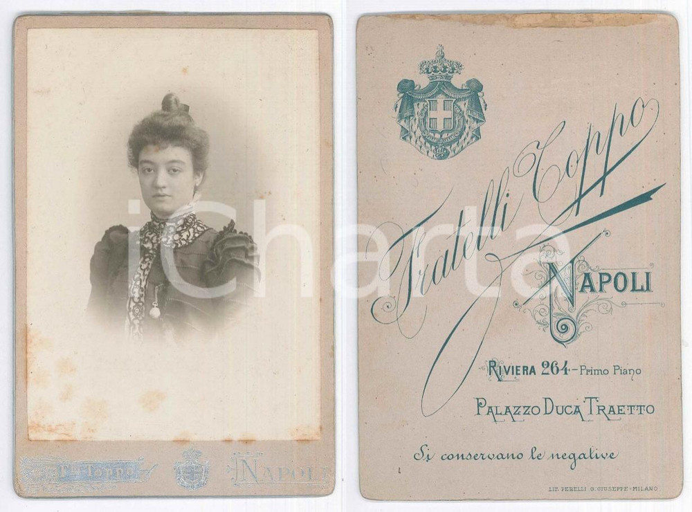 Fotografia d epoca originale 1890 ca NAPOLI Giovane donna in abito ricamato  Busto Foto Fratelli TOPPO 1