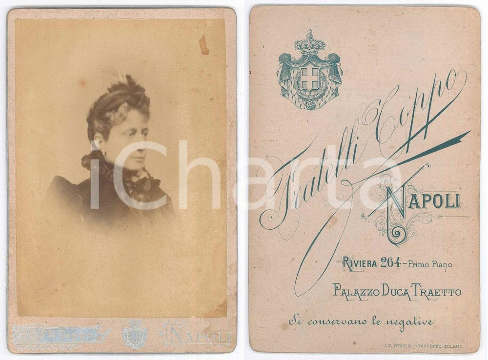 Fotografia d epoca originale 1890 ca NAPOLI Donna in abito scuro  Busto Foto Fratelli TOPPO 1