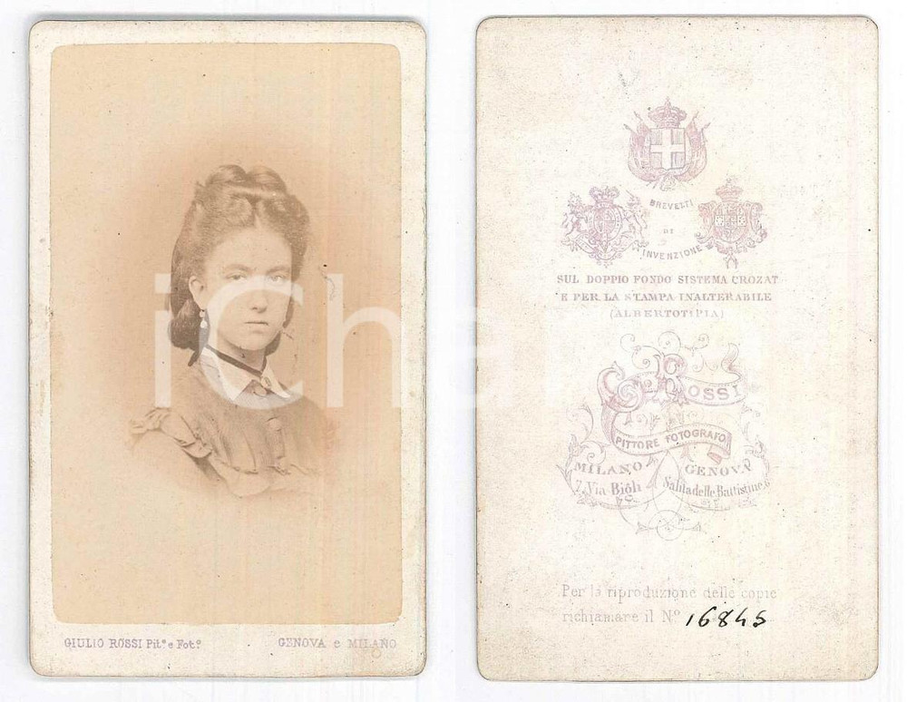 Fotografia d epoca originale 1900 ca GENOVA  MILANO Ritratto femminile  Foto Giulio ROSSI  CDV 1