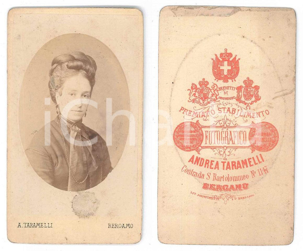 Fotografia d epoca originale 1900 ca BERGAMO Contrada San Bartolomeo  Donna  Foto Andrea TARAMELLI  CDV 1