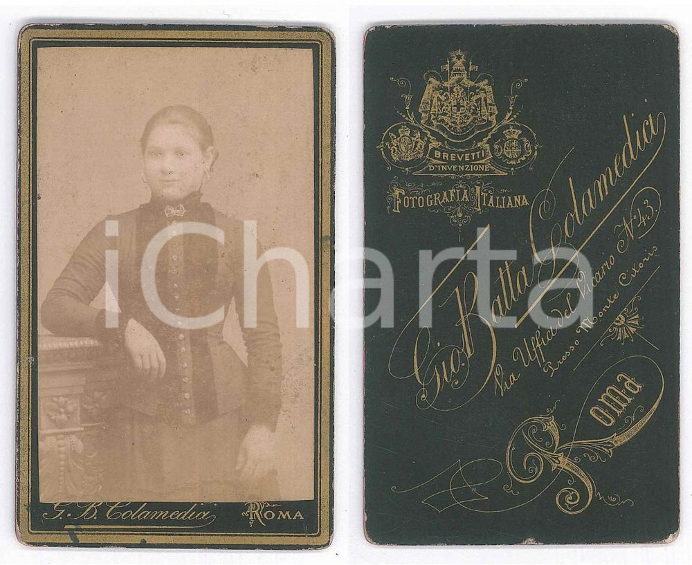 Fotografia d epoca originale 1890 ca ROMA Ritratto femminile  Foto Gio Batta COLAMEDICI  CDV 1