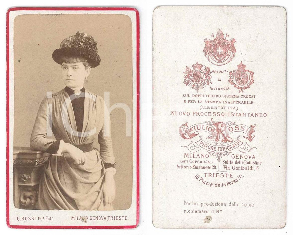 Fotografia d epoca originale 1880 ca COSTUME Donna con cappello decorato  Foto Giulio ROSSI CDV 1