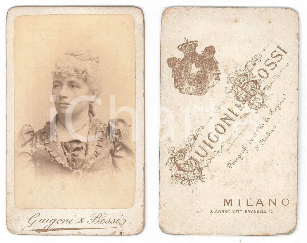 Fotografia d epoca originale 1880 ca MILANO Nobildonna in abito a fiori  Foto GUIGONI E BOSSI CDV 1