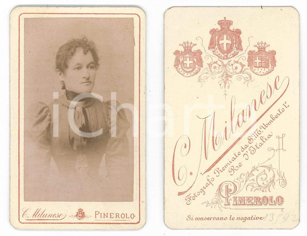 Fotografia d epoca originale 1880 ca PINEROLO Ritratto di donna  Foto Carlo MILANESE CDV 1