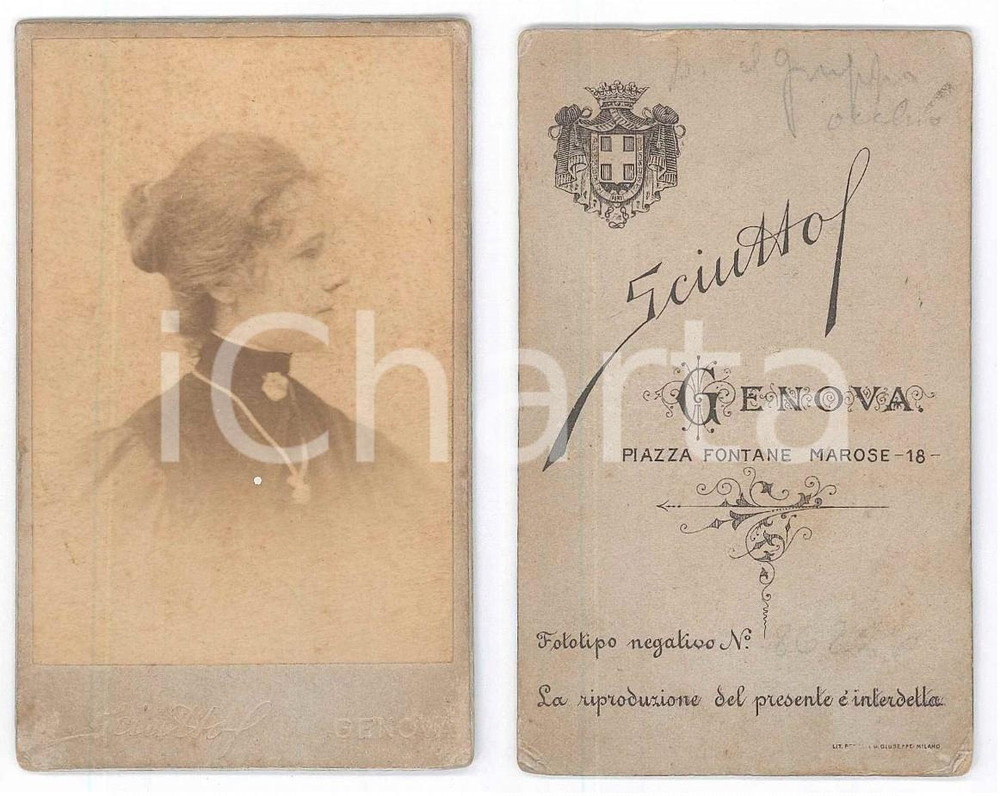 Fotografia d epoca originale 1880 ca GENOVA Ritratto di donna  Profilo  Foto SCIUTTO CDV 1