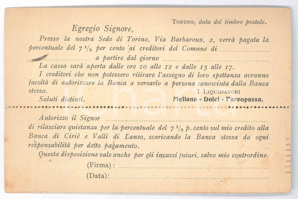Cartolina originale da collezione 1931 TORINO Banca CIRIE  E VALLI DI LANZO  Raccomandata  Cartolina 1