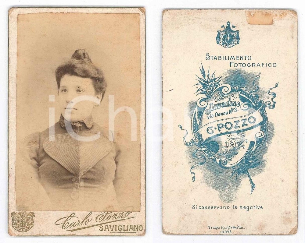 Fotografia d epoca originale 1880 ca SAVIGLIANO Donna con abito ricamato  Foto Carlo POZZO CDV 1