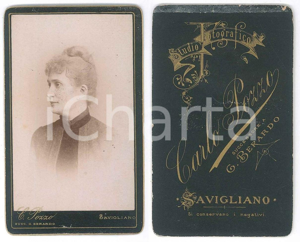 Fotografia d epoca originale 1890 ca SAVIGLIANO Ritratto di donna  Profilo Foto Carlo POZZO CDV 1