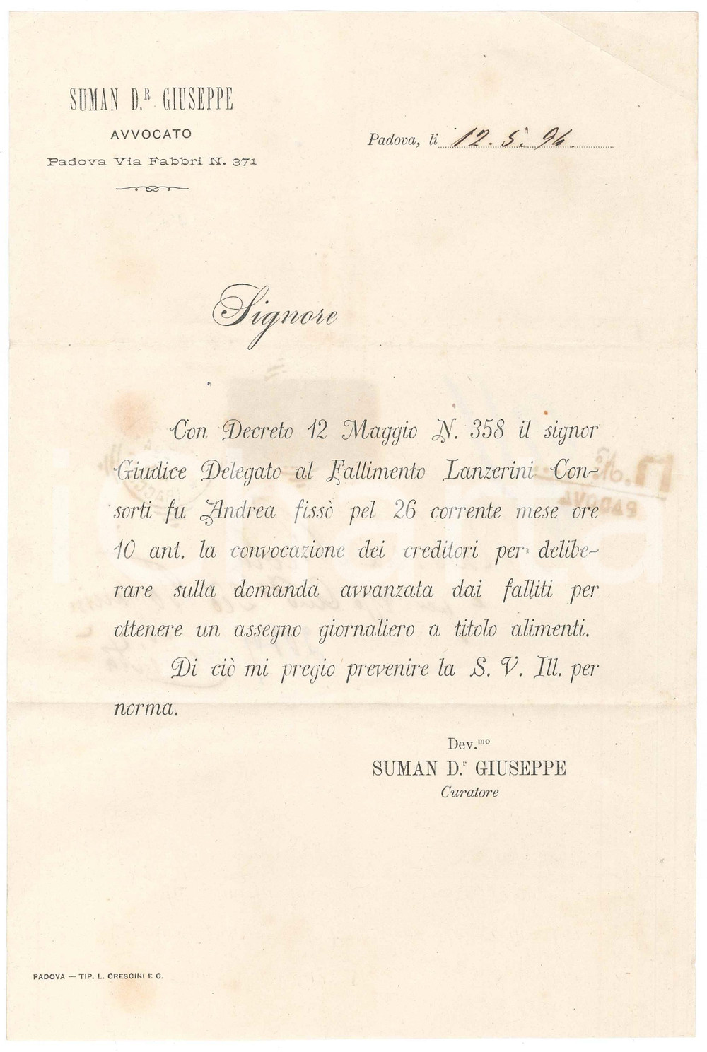 Documento originale, autentico 1895 PADOVA Lettera curatore Giuseppe CUMAN  Fallimento LAZZERINICONSORTI 1