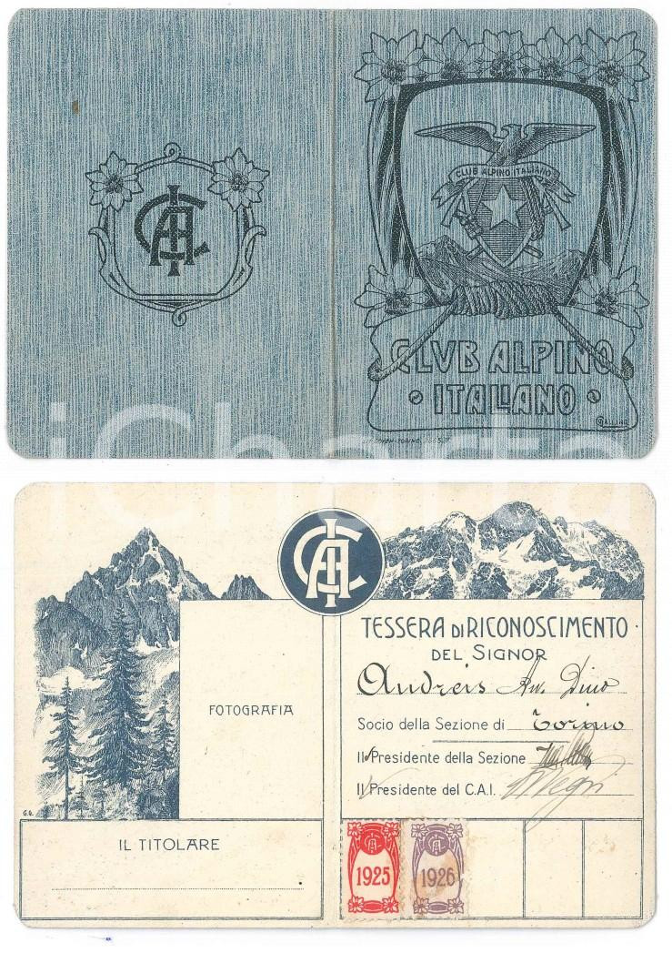 Oggetto da collezione cartaceo 1925 CLUB ALPINO ITALIANO TORINO Tessera avv. Dino ANDREIS 1