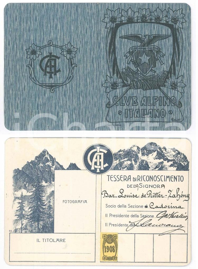 Oggetto da collezione cartaceo 1908 CLUB ALPINO ITALIANO CADORE Tessera baronessa Louise de RITTERZAHONY 1