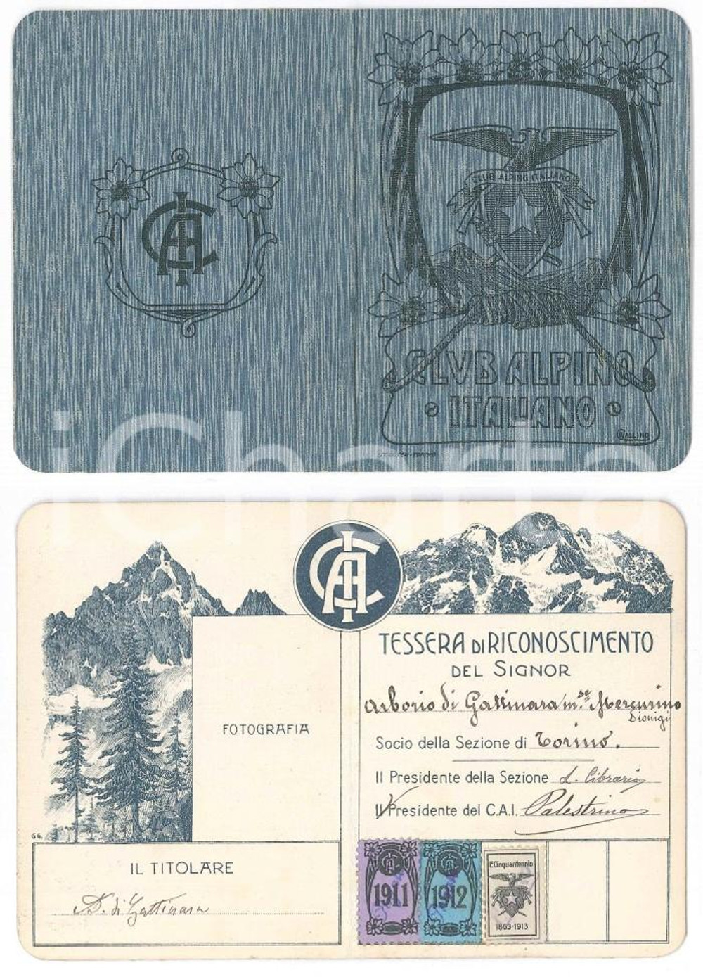 Oggetto da collezione cartaceo 1911 CAI TORINO Tessera Mercurino Dionigi ARBORIO DI GATTINARA Autografo 1