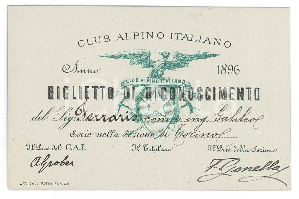 Oggetto da collezione cartaceo 1896 CAI TORINO Comm. ing. Galileo FERRARIS  Biglietto di riconoscimento 1