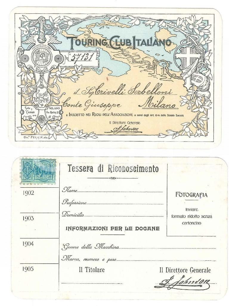 Oggetto da collezione cartaceo 1901TOURING CLUB ITALIANO MONZA Tessera conte Giuseppe CRIVELLI SERBELLONI 1
