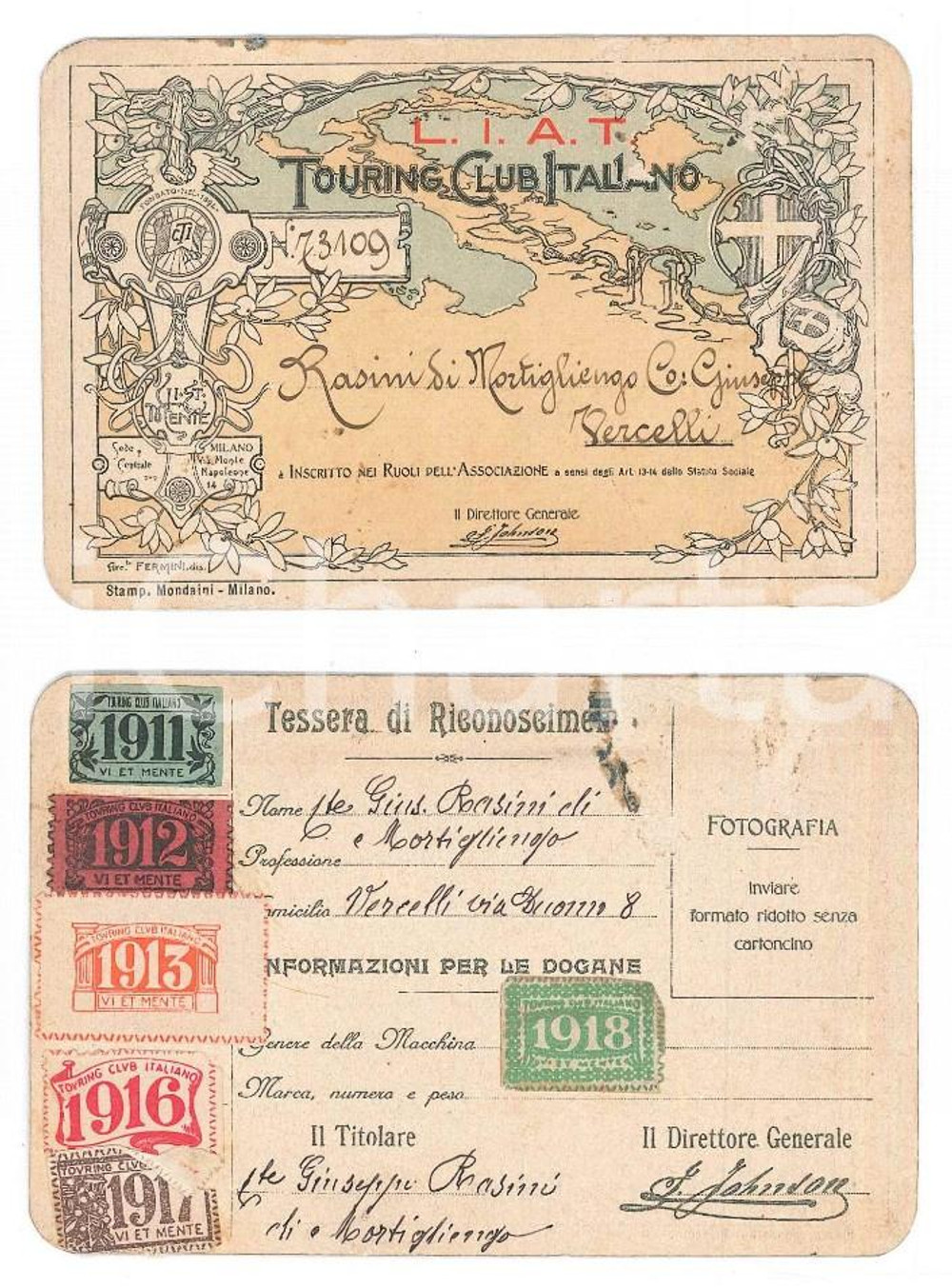 Oggetto da collezione cartaceo 1911 TOURING CLUB VERCELLI Tessera Giuseppe RASINI DI MORTIGLIENGO Autografo 1