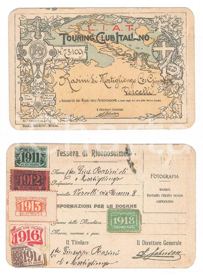 Oggetto da collezione cartaceo 1911 TOURING CLUB VERCELLI Tessera Giuseppe RASINI DI MORTIGLIENGO Autografo 1