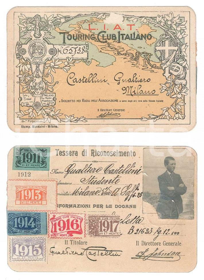 Oggetto da collezione cartaceo 1911 TOURING CLUB MILANO Tessera Gualtiero CASTELLINI con foto Autografo 1