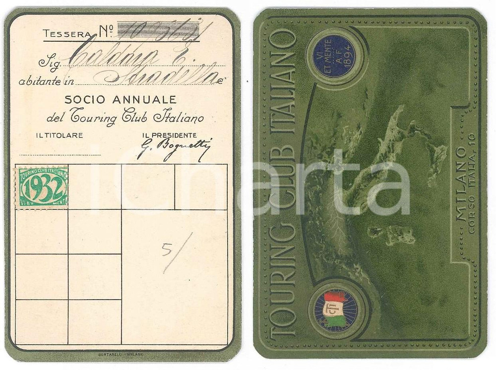 Oggetto da collezione cartaceo 1932 TOURING CLUB ITALIANO STRADELLA Tessera E. CALDARA 1