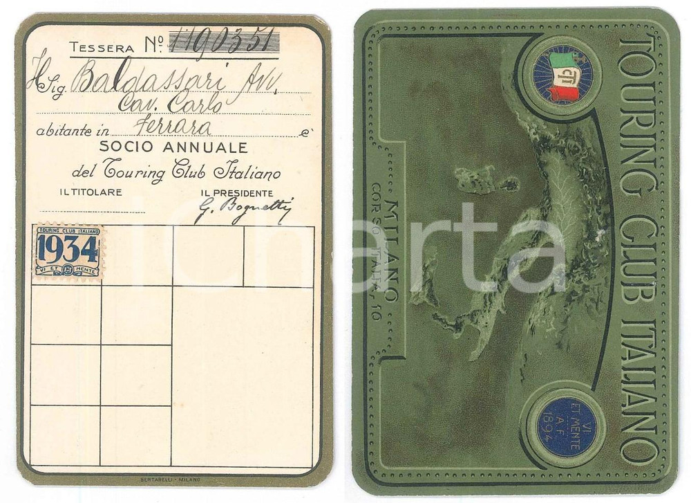 1934 TOURING CLUB ITALIANO FERRARA Tessera cav. avv. Carlo BALDASSARI