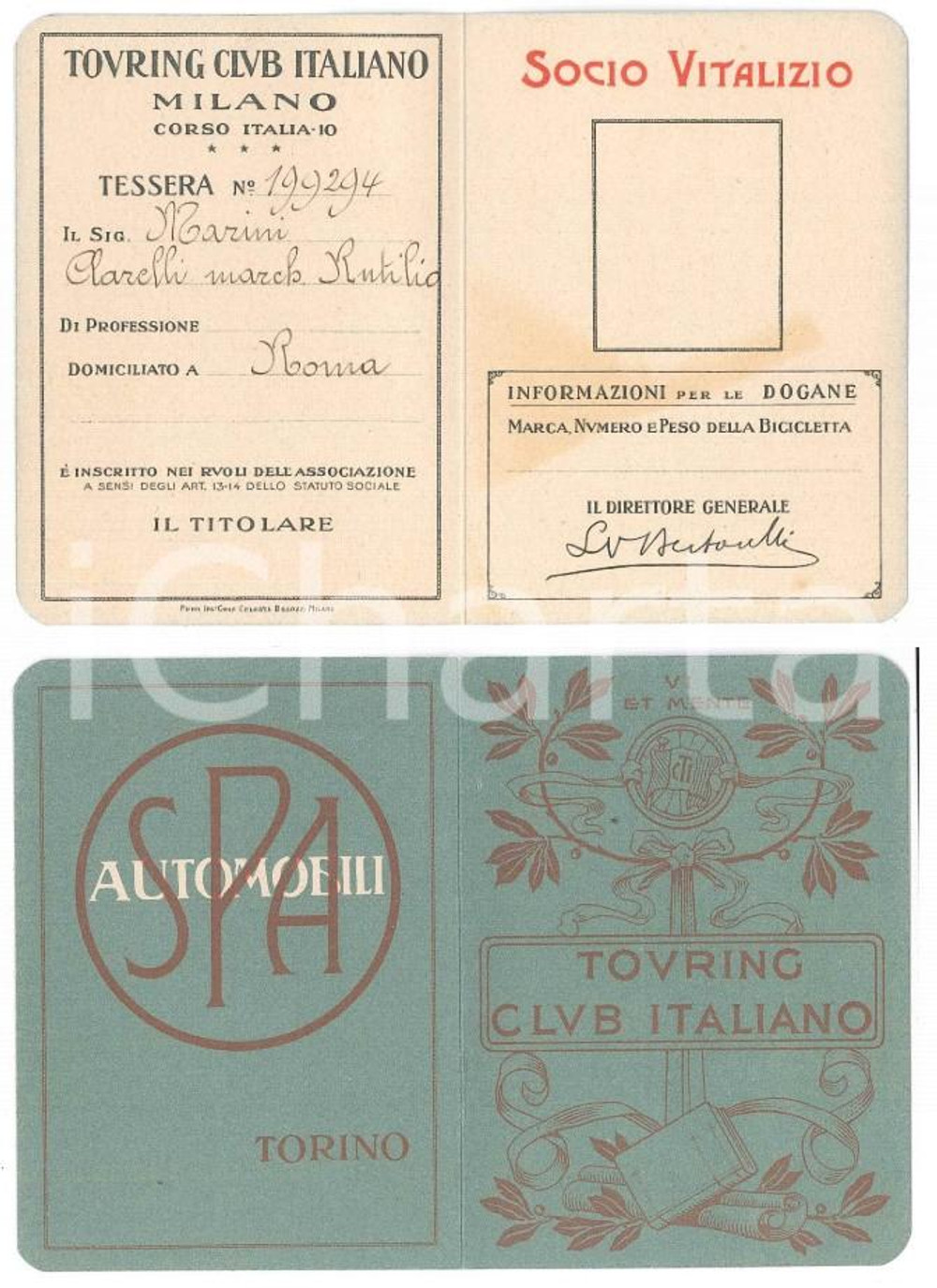 1915 ca TOURING CLUB ROMA Tessera marchese Rutilio MARINI CLARELLI