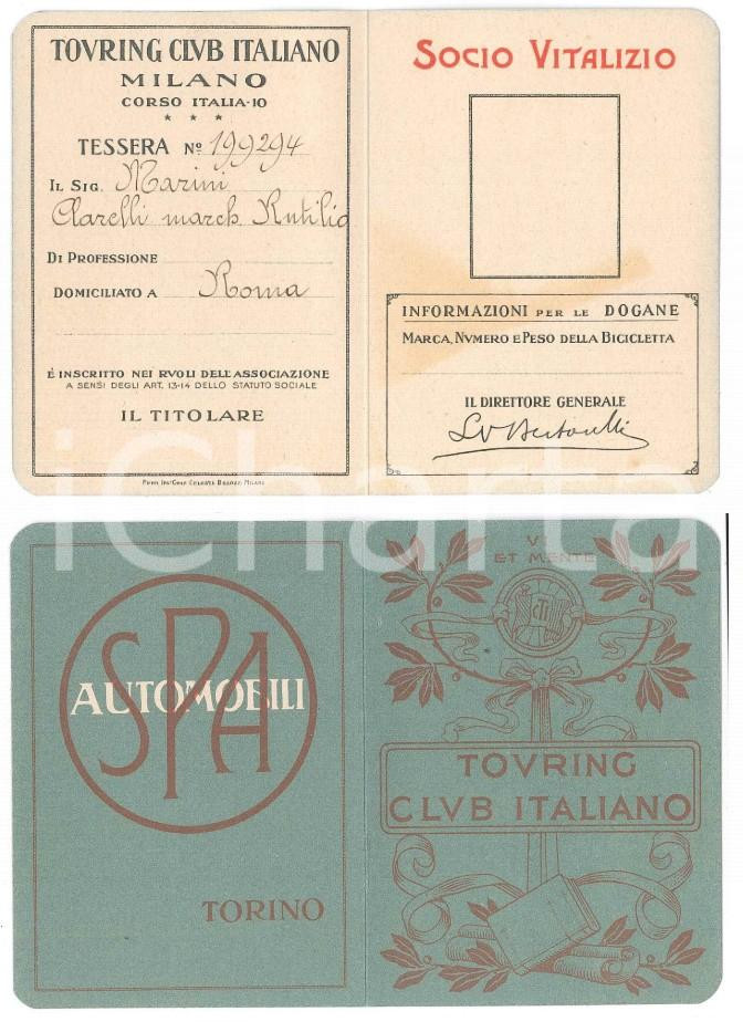 Oggetto da collezione cartaceo 1915 ca TOURING CLUB ROMA Tessera marchese Rutilio MARINI CLARELLI 1
