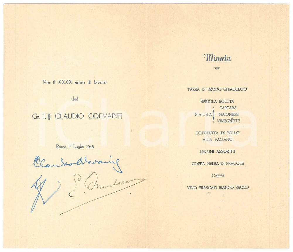 Oggetto da collezione cartaceo 1948 ROMA Ristorante IL FAGIANO  Menù cena Gr. Uff. Claudio OLEVAINE Autografo 1