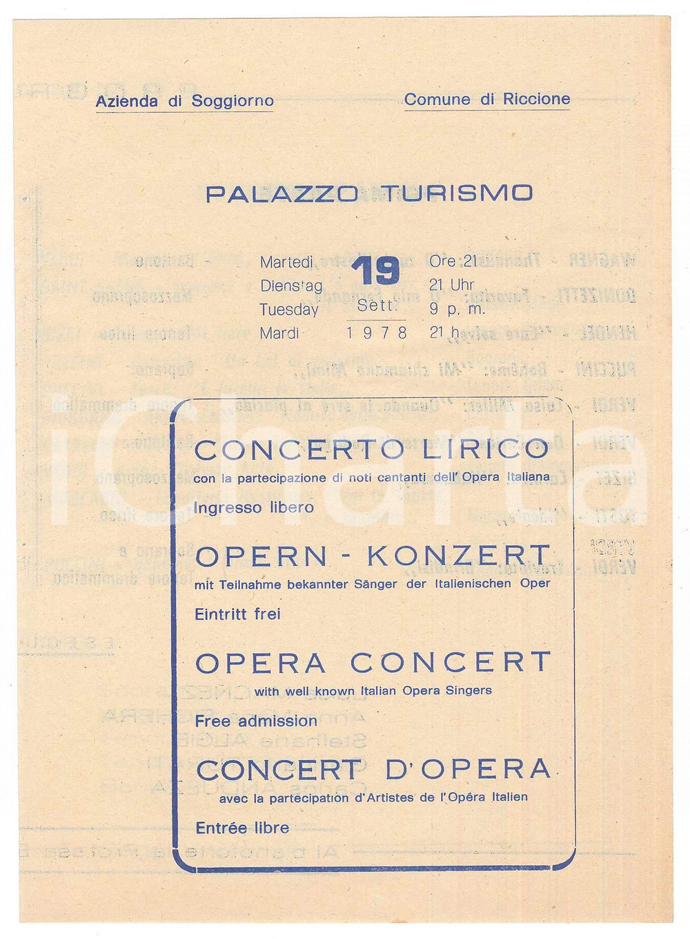 Materiale pubblicitario d’epoca 1978 RICCIONE Concerto lirico Luisa MACNEZ Anna Maria FICHERA Programma 12x17 1