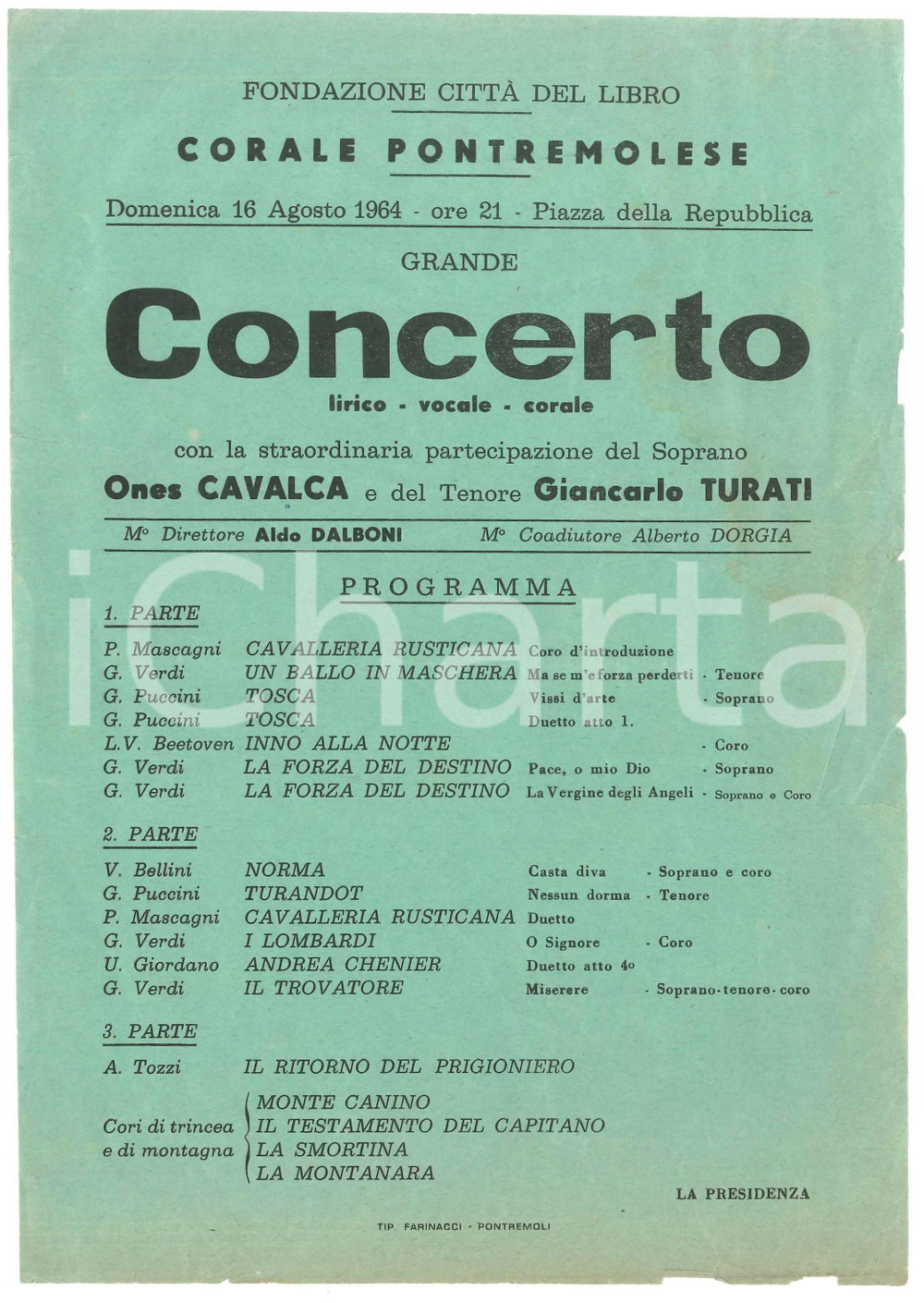 Oggetto da collezione cartaceo 1964 PONTREMOLI Concerto CORALE PONTREMOLESE con Ones CAVALCA Manifesto 17x24 cm 1