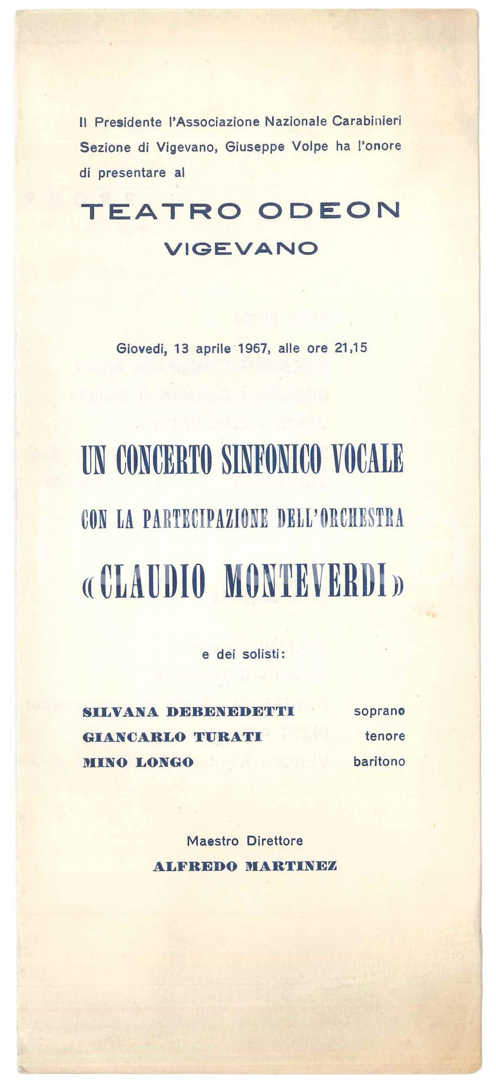 Oggetto da collezione cartaceo 1967 VIGEVANO Odeon  Concerto Orchestra Claudio Monteverdi  Programma 5 1