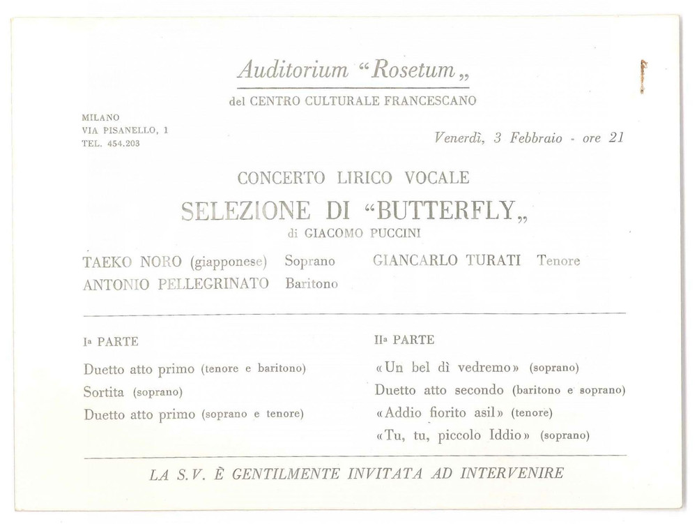Oggetto da collezione cartaceo 1978 MILANO Auditorium Rosetum  Taeko NORO canta Madama Butterfly  Invito 1