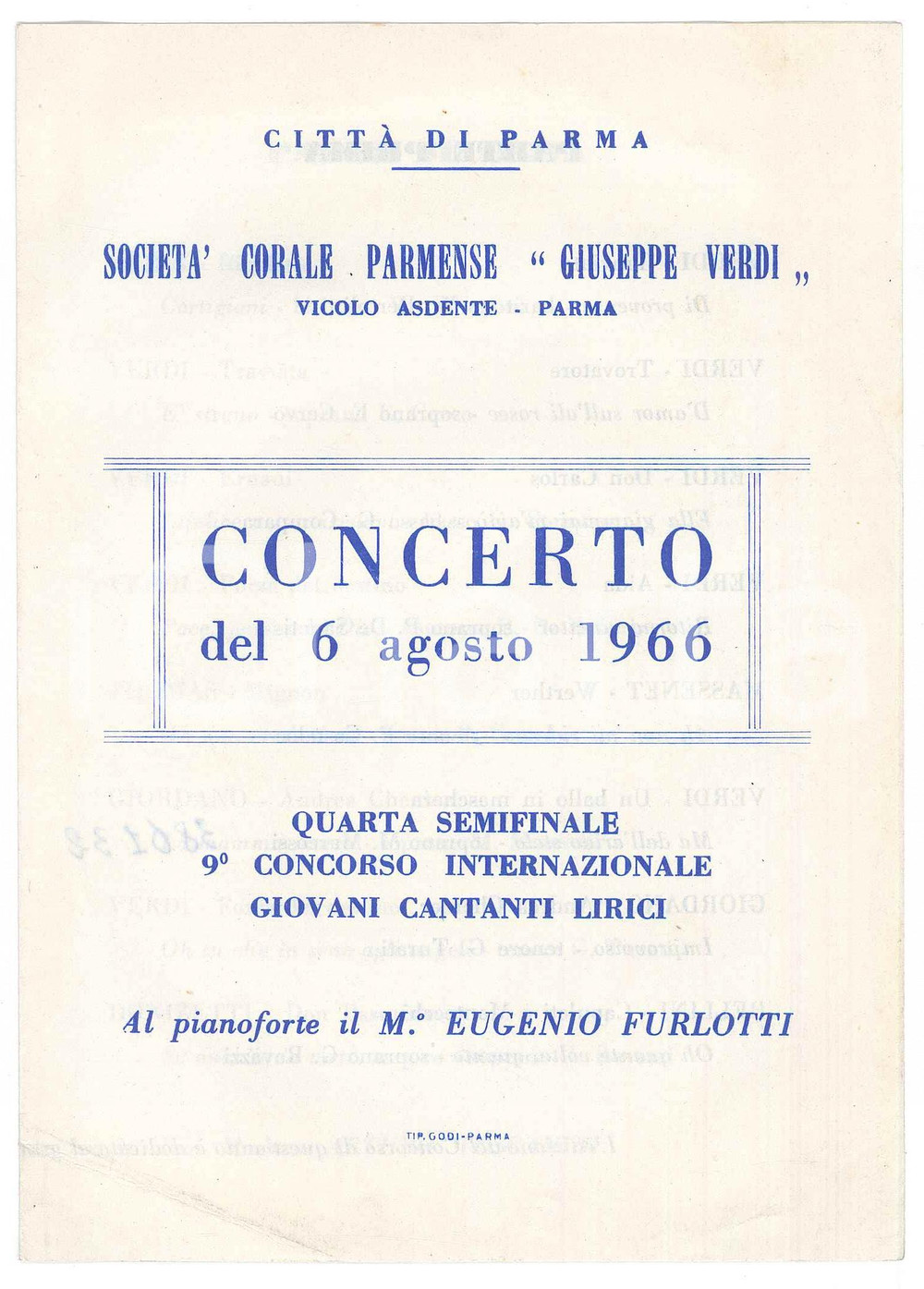 Oggetto da collezione cartaceo 1966 PARMA Corale Parmense Giuseppe Verdi  Concorso giovani cantanti lirici 1