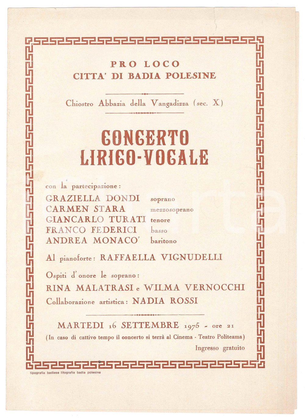 Oggetto da collezione cartaceo 1975 BADIA POLESINE Abbazia della Vangadizza  Concerto lirico Graziella DONDI 1