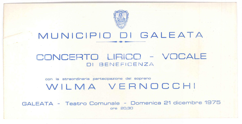 Oggetto da collezione cartaceo 1975 GALEATA Teatro Comunale  Concerto lirico con Wilma VERNOCCHI Programma 1