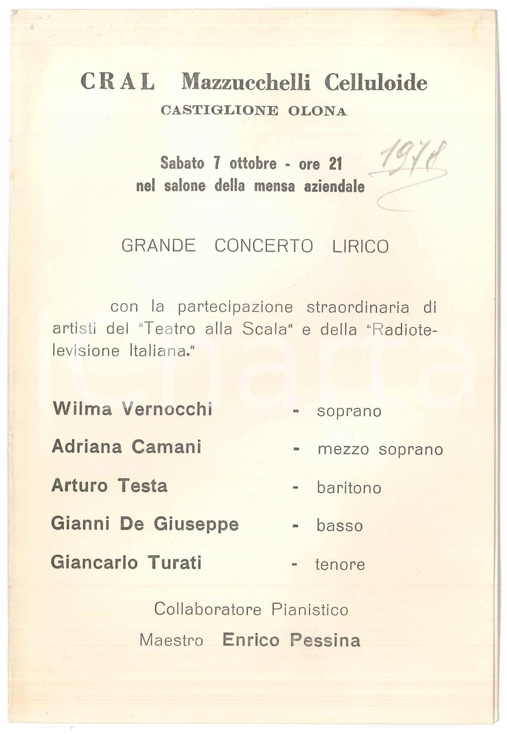 Oggetto da collezione cartaceo 1978 CASTIGLIONE OLONA  CRAL Mazzucchelli Celluloide  Concerto Wilma VERNOCCHI 1