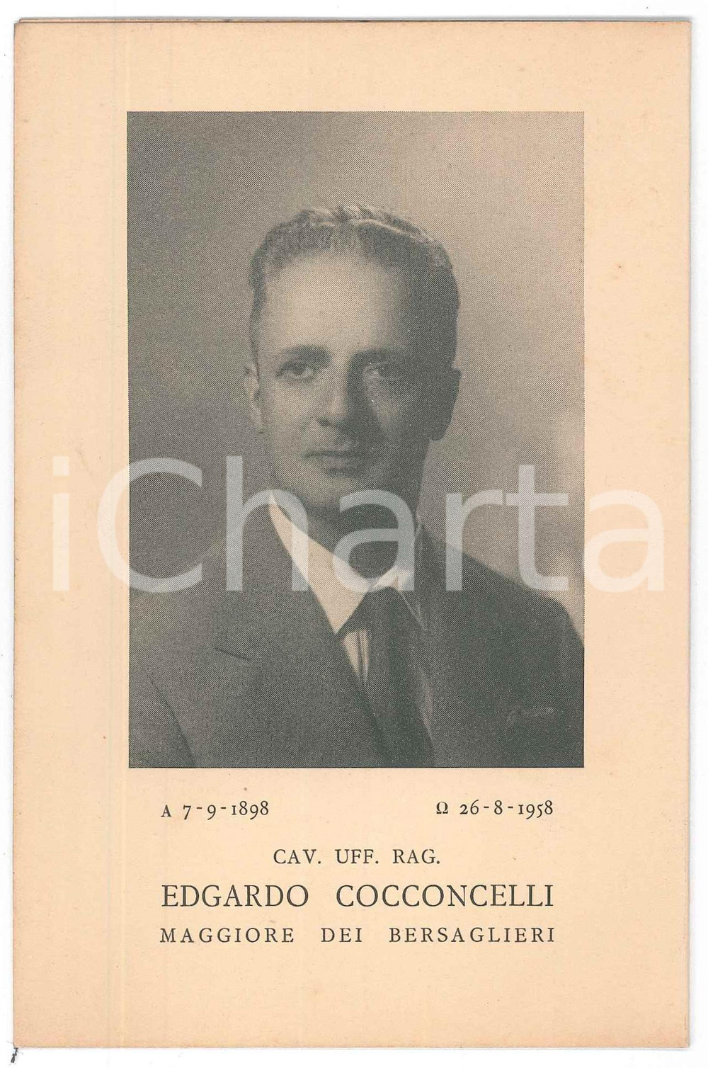 Documento originale, autentico 1958 PADOVA Cav. Uff. Edgardo COCCONCELLI maggiore bersaglieri  Ricordo lutto 1