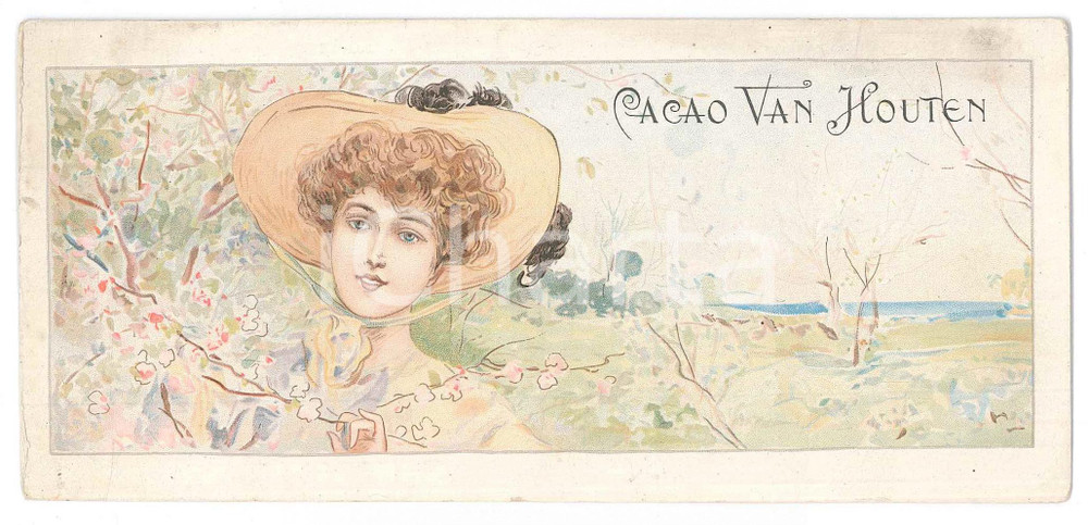 Materiale pubblicitario d’epoca 1905 ca CACAO VAN HOUTEN Etichetta illustrata ART NOUVEAU 16x8 cm 1