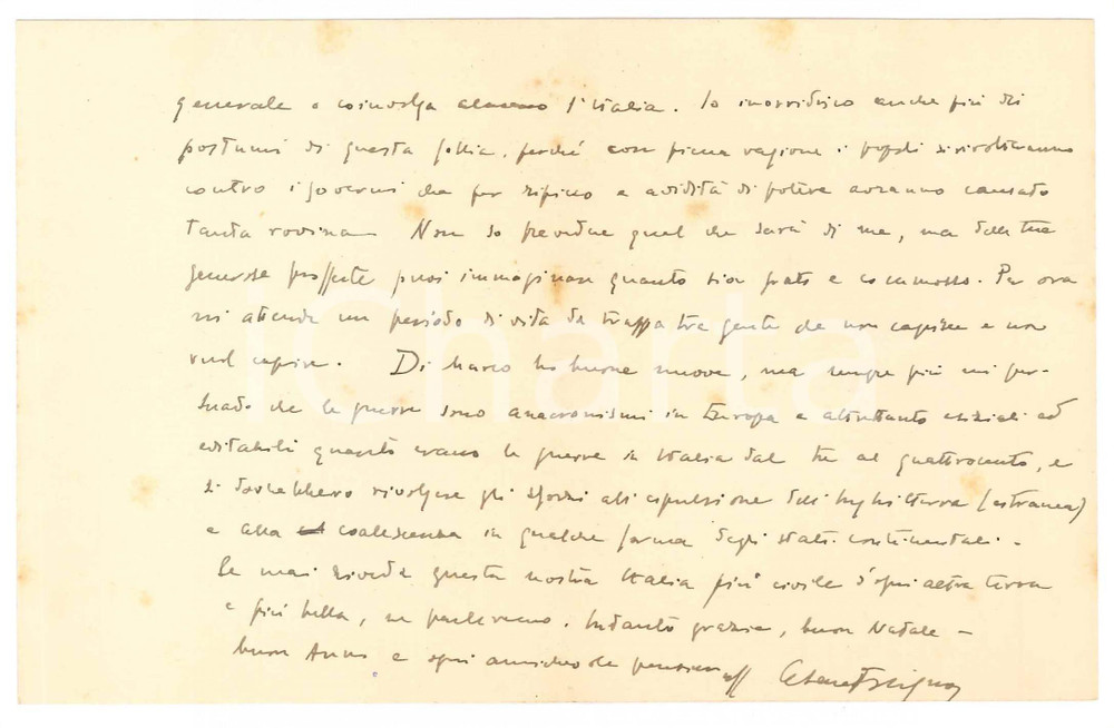 Autografo originale 1939 MILANO Cesare FOLIGNO teme l ingresso in guerra dell Italia  AUTOGRAFO 1